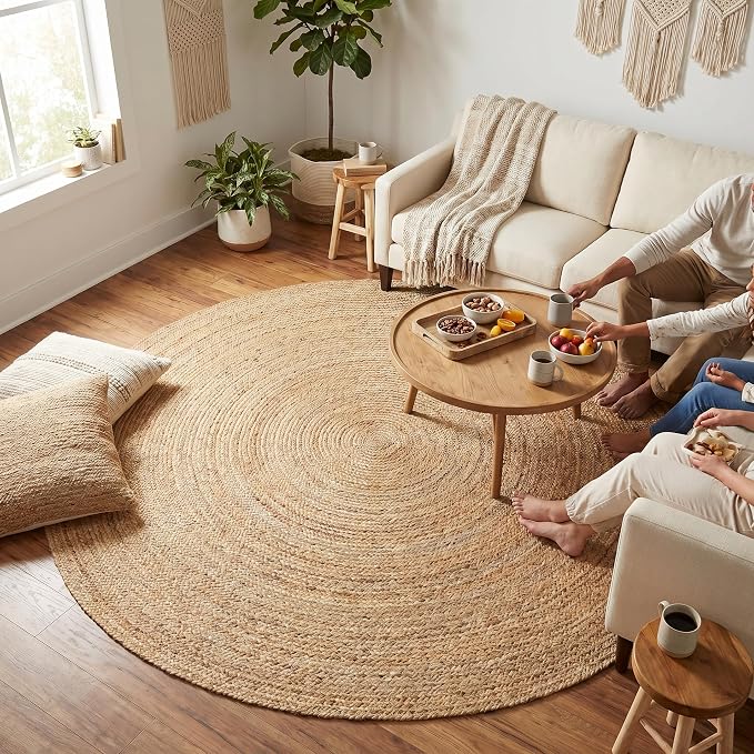 THE BEER VALLEY Jute Braided Area Rug 8 Feet Round - Natural | Reversible Handwoven Circle Rug for Living Room, Bedroom, Nursery - Large Farmhouse Indoor Décor Floor Mat