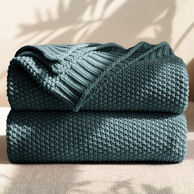 100% Cotton Cable Knit Throw Blanket, Large Lightweight Soft Knit Blanket for Sofa Couch Bed, Breathable All-Season Throw, Cozy Decorative Blanket, 60 x 80 Inch,Teal