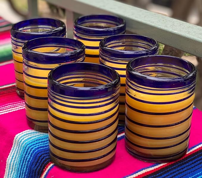 Dos Sueños Hand Blown Mexican Drinking Glasses – Set of 6 Tumbler Glasses with Blue Spiral Design (10 oz each) …