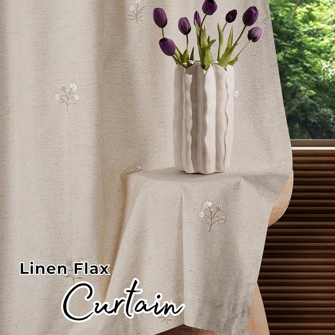 Bedding Craft Linen Drapes, Linen Room Darkening Curtain, Flax & Drapes, Natural Taupe 108 inch_Embroidered