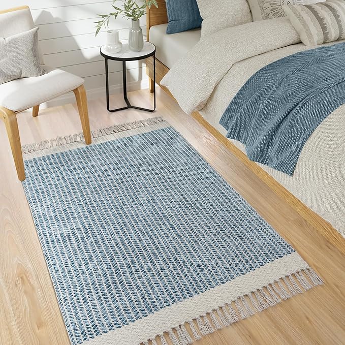 Lahome Belle Boho Bedroom Rug, 3x5 Blue Office Rug Lightweight Bath Door Mats Indoor Woven Entry Rugs with Tassels, Non Shedding Washable Throw Farmhouse Carpet for Living Room Camper RV