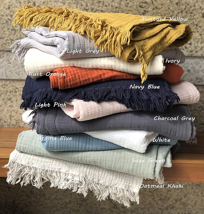 KyraHome 100% Organic Cotton Throw Blankets for Adults, Couch 50"x60", Muslin Blanket, Pre-Washed Plant-Dyed, Breathable Lightweight Summer Throw Blanket, All Season (Oatmeal Khaki Tan)