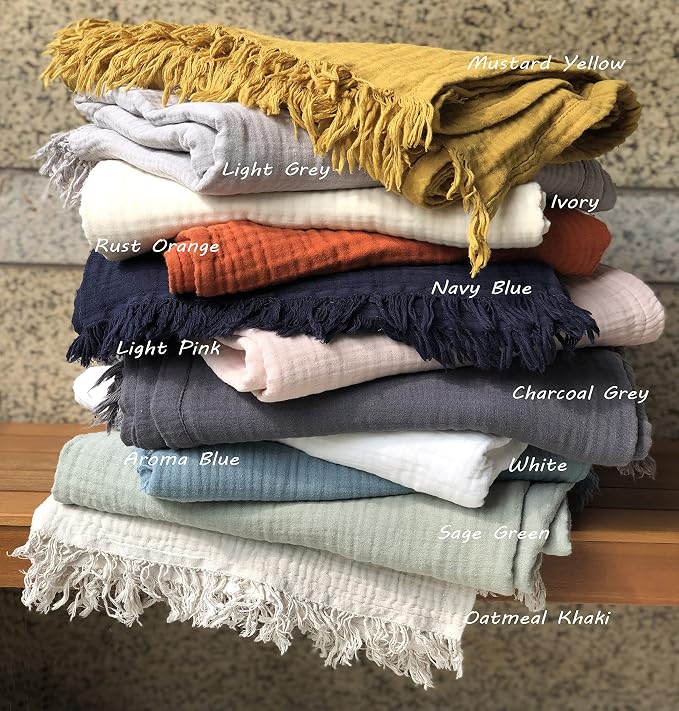 KyraHome 100% Cotton Throw Blanket 60"x80" Large Muslin Blankets for Adults, Couch, Picnic, Travel, Plant Dyed Pre-Washed Breathable Lightweight Soft Summer Blanket, All Season, White