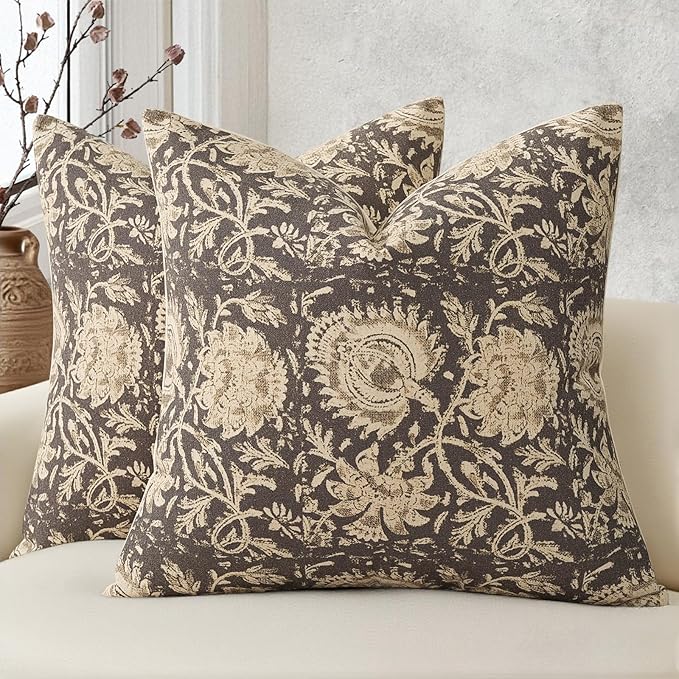 Vintage Floral Print Throw Pillow Covers 26x26 Set of 2 Neutral Modern Farmhouse Accent Decorative Cushion Covers Boho Home Decor for Couch Sofa Chair Bed Living Room, Rustic Gray