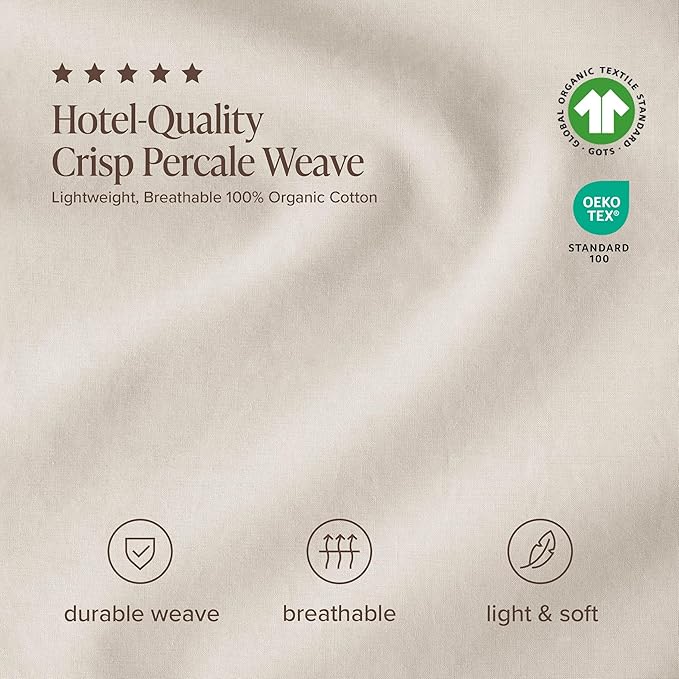 Bare Home 100% Organic Cotton Full Sheet Set - Crisp Percale Weave - Lightweight & Breathable - Bedding Sheets & Pillowcases (Full, French Beige)