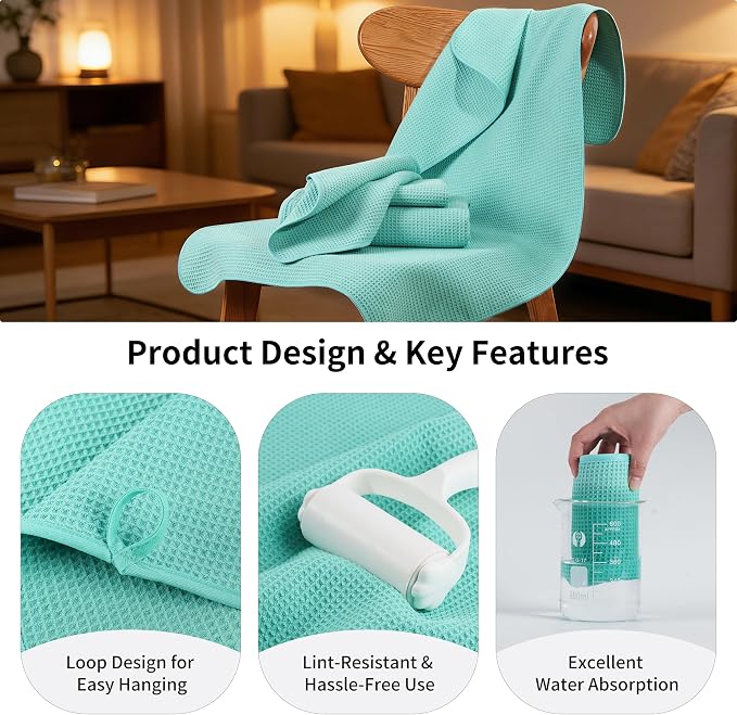 MICROFI Waffle Weave Bath Towel Set, Microfiber, 4 Pieces (Body/Hair/Hand/Face), Quick Dry, Lightweight, Super Absorbent, Lint Free, 380 GSM (Turquoise)