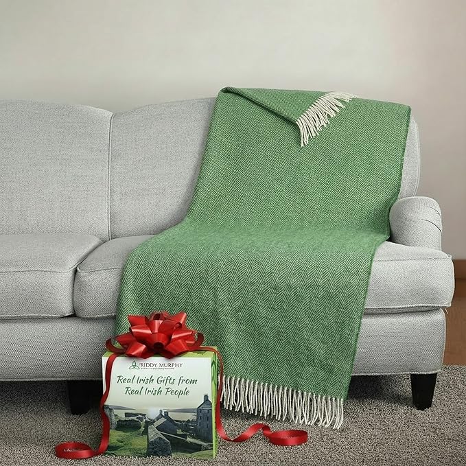 Biddy Murphy Irish Merino and Cashmere Wool Throw Blanket, Made in Ireland, Heirloom Quality, 54" x 71", Green Herringbone Pattern