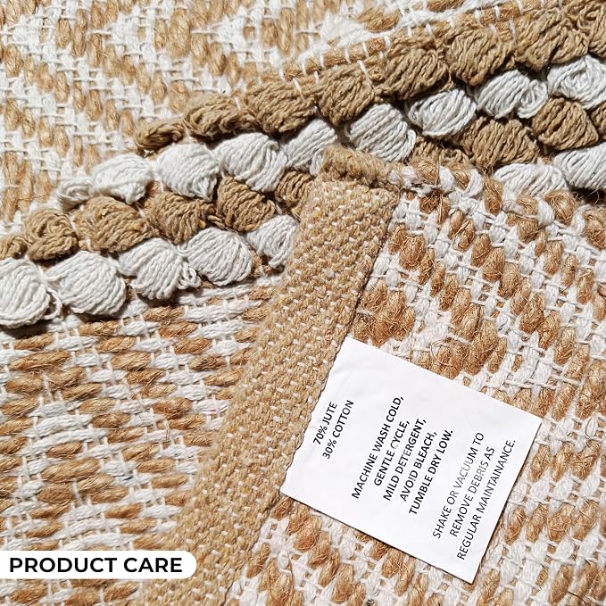 Bedding Craft Jute Cotton Stripe Area Rug for Living Room 24x36 Inch - Natural Ivory - Machine Washable 2x3 Feet Rugs - 70% Jute and 30% Cotton
