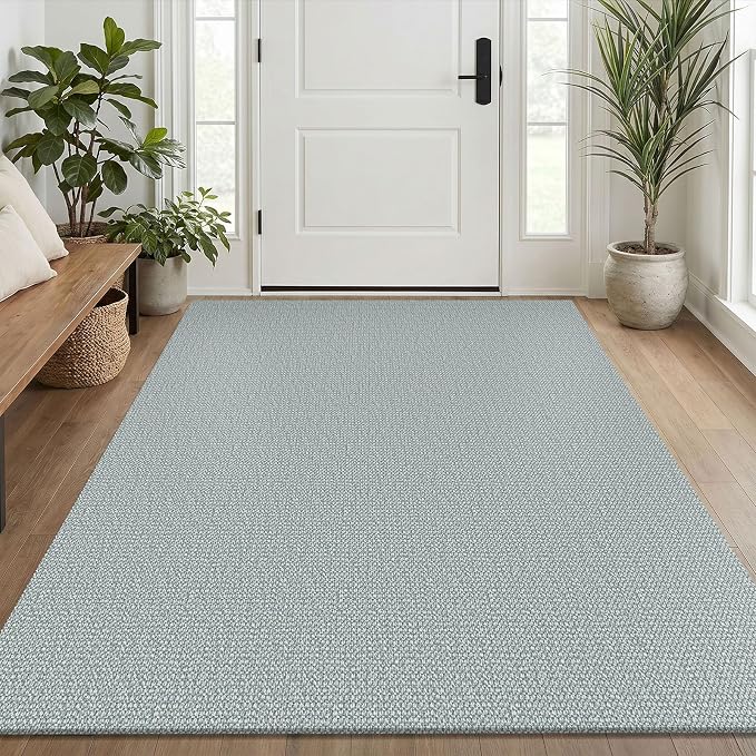 EARTHALL Washable Area Rug 4x6 Ft Non Slip Rugs for Entryway Braided Rubber Backed Bedroom Carpet Cotton Entry Rug Woven Floor Carpets for Bedroom Dining Room Living Room, Turquoise/Gray