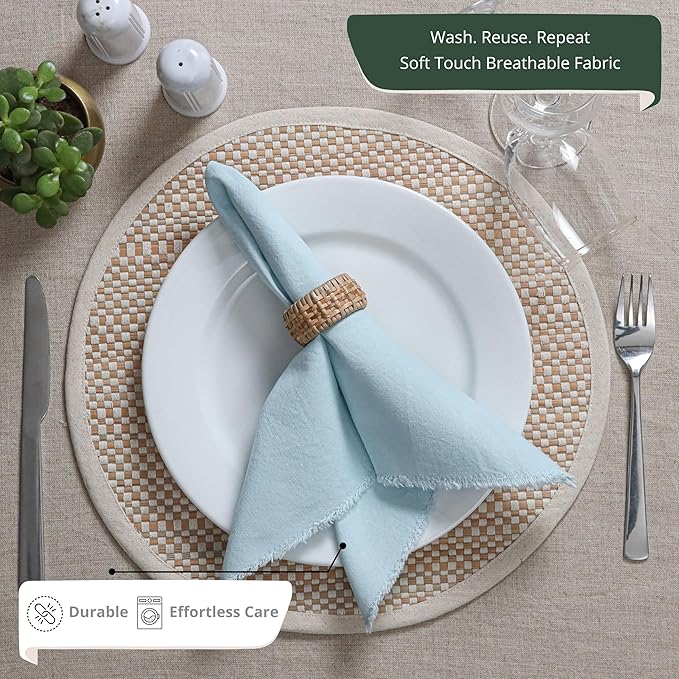 Ramanta Home Cloth Napkins Set of 4 Light Blue 18x18 Inch - Spring Soft & Durable Frayed Dinner Napkin for Easter Wedding, Birthday | Heavy Weight Fabric Table Linen for Everyday Use Family Dinners