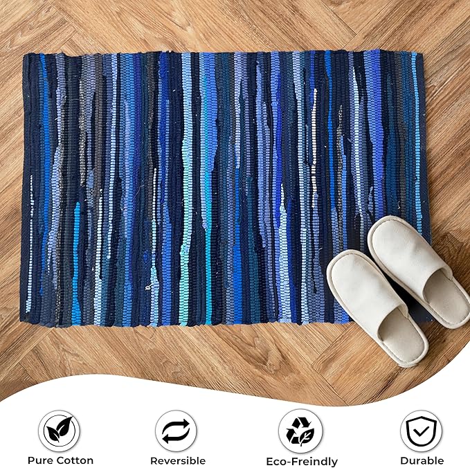 Ramanta Home Cotton Rag Rug 2'x3' - Navy, Braided Recycled Rugs for High Traffic Area, Boho Farmhouse Rug for Living Room, Kitchen, Entryway Bedroom Floor Mat - 24"x36"