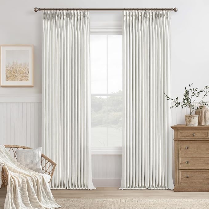 Beige White Pinch Pleated 126 Inch Curtains 2 Panel Set for Living Dining Room Neutral Thick Linen Semi Sheer Ceiling Track Curtain Light Filtering Privacy Bedroom Drapes Window Treatment W50xL126