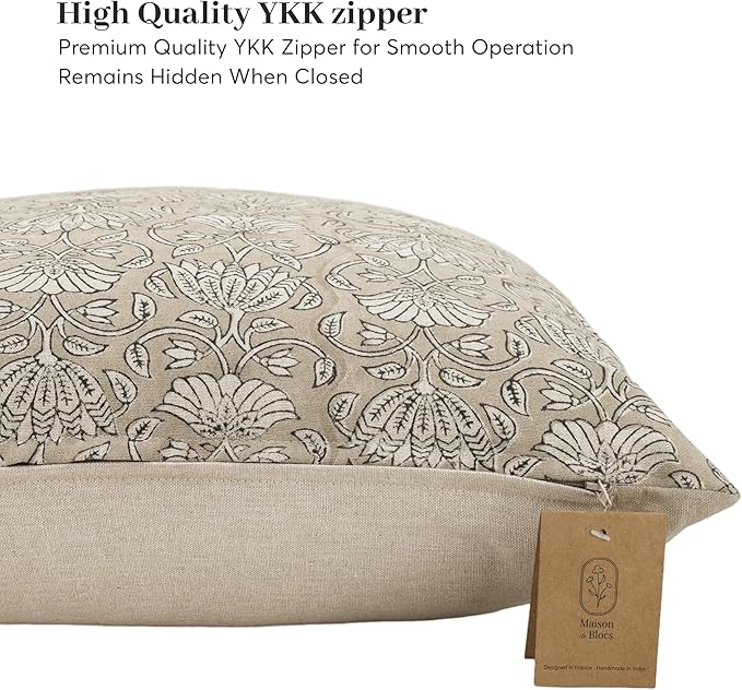 Hand-Block Printed, Artisan-Made Neutral Accent Throw Pillow Covers- 100% Cotton Cushion for Sofa, Bed, Chair, Home Decor, Boho, Indoor - Lina/Sansa (Beige, 20" x 20" (Pack of 2))