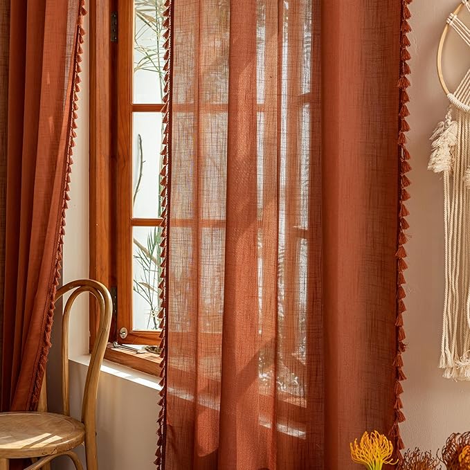 MYSKY HOME Door Curtains for Closet Doorways, 72 Inches Long Sheer Light Filtering Privacy Protect Bohemian Macrame Drapes for Living Room Bedroom, 50" x 72", Terracotta, 2 Pieces