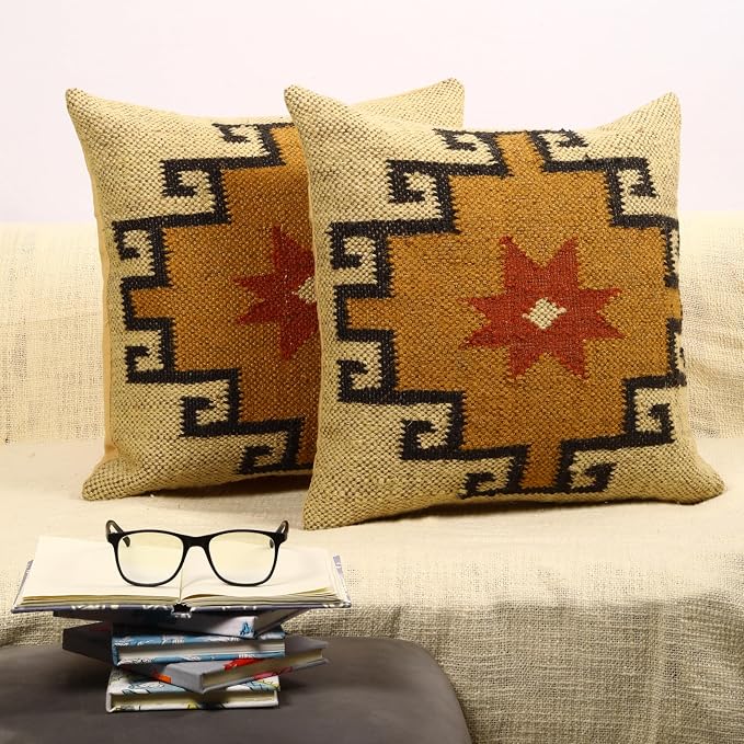 Trade Star Set of 2 Kilim Cushion Covers Handloomed Rug Decorative Cushion case 18x18 Inches Throw Pillow Cover Handwoven Pillowcase 70% Jute 30% Wool Pillow Shams (Kilim 10)