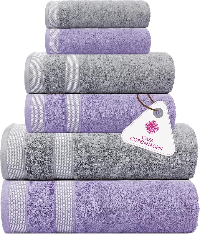 CASA COPENHAGEN Solitaire 6Pcs 100% Egyptian Cotton Large Designer Towels Gift Set- Grey Violet-Purple, 600GSM, 2Bath 2Hand 2Washcloths, Bath Towels for Bathroom Set for Women & Men