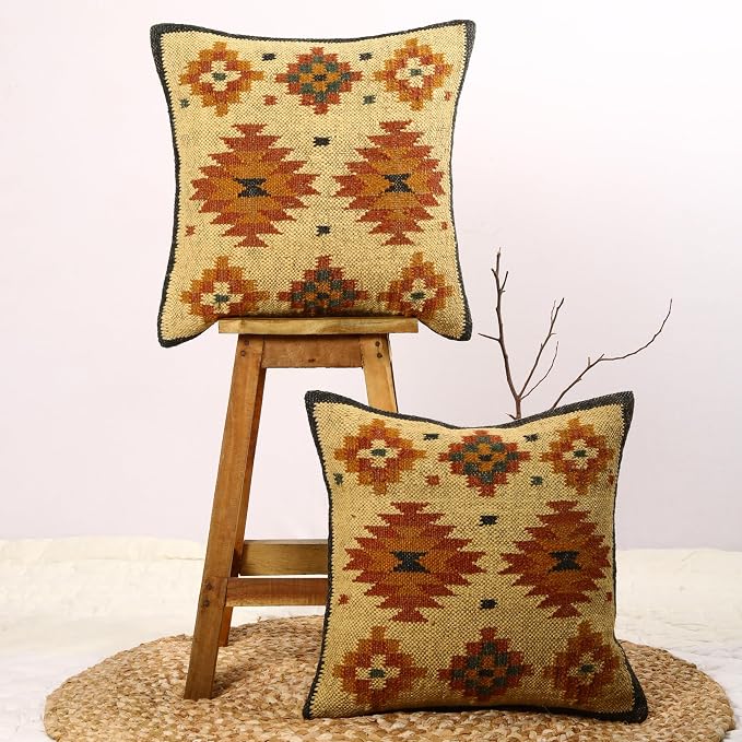 Trade Star Set of 2 Kilim Handwoven Pillowcases Southwestern Cushion Cover 18x18 Inches Designer 70% Jute 30% Wool Cushion Cover Throw Pillow Cover Handloomed Rug Decorative Cushion case (Kilim 15)