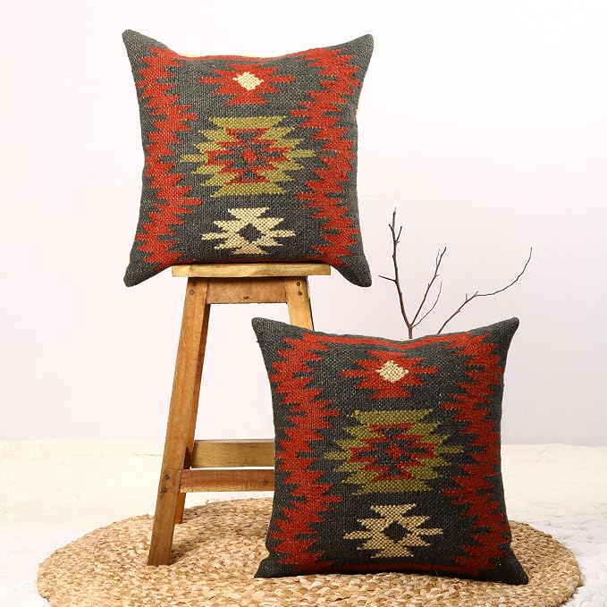 Trade Star Set of 2 Kilim Cushion Covers Throw Pillow Cover 70% Jute 30% Wool Pillows Handwoven Pillowcase 18x18 Inches Designer Handloomed Rug Decorative Cushion case (Kilim 19)
