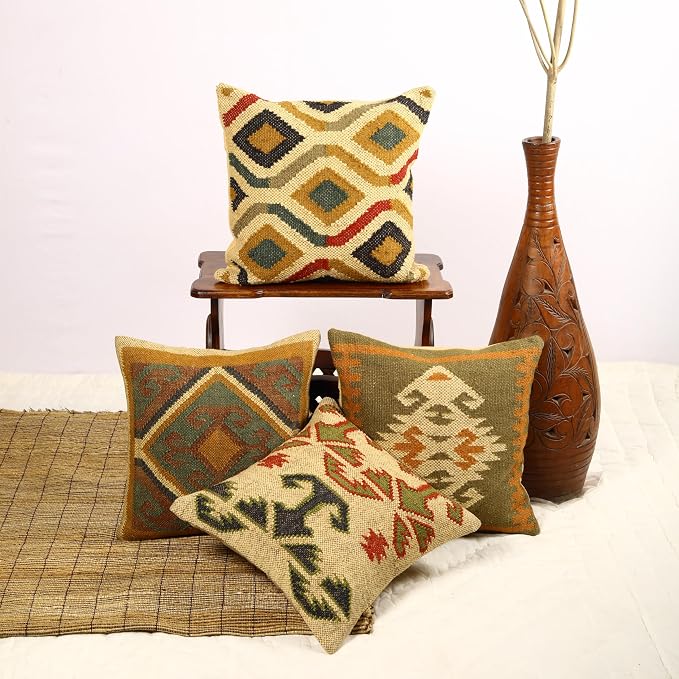 Trade Star Set of 4 Kilim Pillow Covers Handmade Jute Wool Cushion Covers Boho Tribal Geometric Throw Pillow Cases Vintage Ethnic Decorative Sofa Couch Farmhouse Home Decor 18x18 Inch