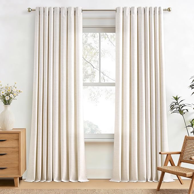 102 Inch Curtains 2 Panels Natural Linen Ivory Cream Flax Burlap Light Filtering Semi Sheer Drapes Privacy Boho Farmhouse Large Window Curtain for Bedroom 52x102