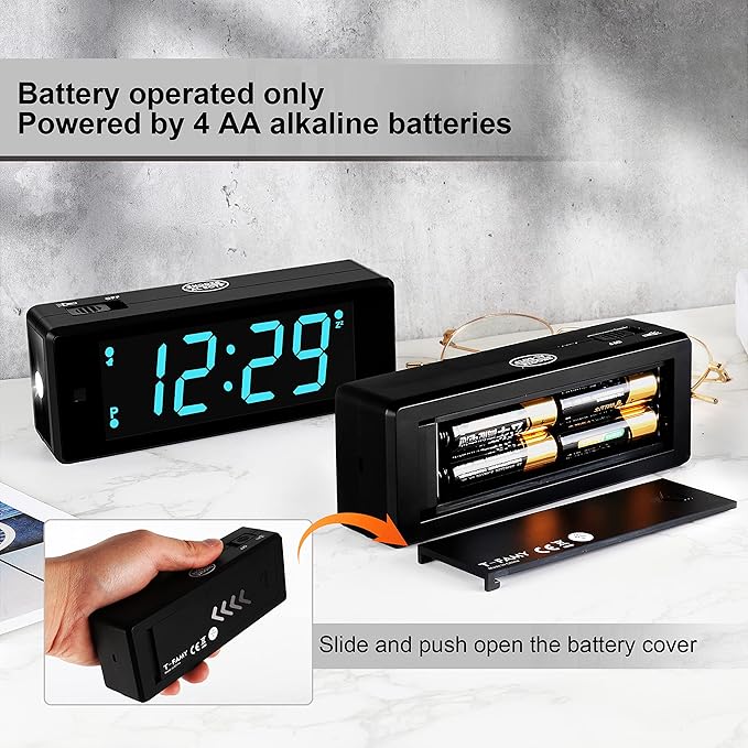 Digital Alarm Clock Battery Operated Night Visiable with Hybrid LED/LCD Time Display, Emergency Flashlight, Small Travel Clock for Bedroom Bedside (Blue Display)