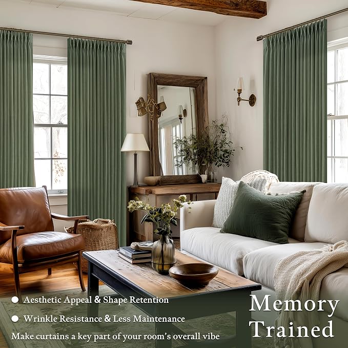 Extra Long Green Linen Curtains 120 Inches Long Boho Olive Moss Green Curtain Light Filtering Semi Sheer Back Tab Pinch Pleat Curtain for Tall Ceiling Living Room 2 Panels 50 by 120 Inch Length