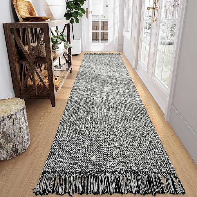 Collive Long Hallway Runner Rug 2.6' x 10', Washable Runners Indoor Entryway Rug, Black/Cream Braided Woven Kitchen Rugs Low-Profile Front Door Floor Carpet for Laundry Room Bedroom Doorway