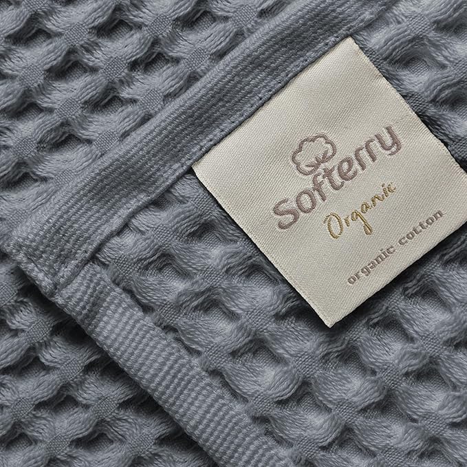 Softerry European Waffle Weave Bath Towel Set of 8-100% Organic Cotton - Quick Dry Lint Free Thin and Absorbent - Fade Resistant - Eco-Friendly (Space Gray)