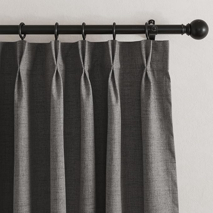 RYB HOME Pinch Pleated Back Tab Curtains Linen Textured 100% Blackout Curtains Thermal Insulated for Bedroom Living Room Bay Window Drapes, W 42 x L 96 inches, Grey, 2 Panels