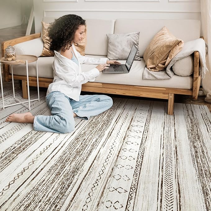 Tortania Area Rug Living Room Rugs - 8x10 Washable Large Soft Neutral Boho Moroccan Bohemian Farmhouse Rug Indoor Floor Carpet for Bedroom Under Dining Table Home Office Decor - Cream Brown