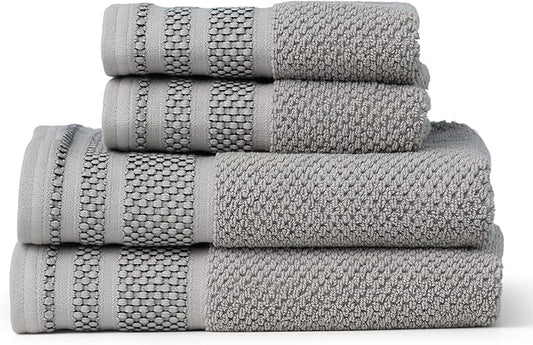 Texere 100% Organic Cotton Rice Weave Jacquard 700 GSM Luxury Bath Towel Sets - Ultra Soft and Absorbent Hotel and Spa Quality (Rice Weave, Cathedral Gray, 2 Hand & 2 Face Towels)