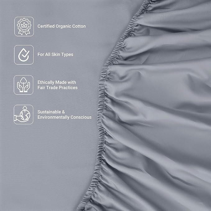 FABDREAMS 100% Organic Cotton Twin Fitted Sheet | 400 Thread Count | Luxury Hotel Collection|GOTS Certified Permium Long Staple Cotton|Upto 16"Elasticised Deep Pocket|Smoother than Egyptian|Light Gray