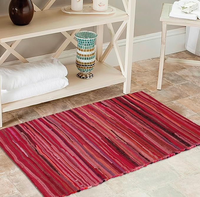 Cotton Hand Woven Chindi Rug 2x3 Feet - Red, Reversible Accent Pink Area Patio Door Mat Ideal for Entryway, Kitchen, Nursery Room, Bedroom | Farmhouse Rustic Floor Décor Rag Rugs for Balcony
