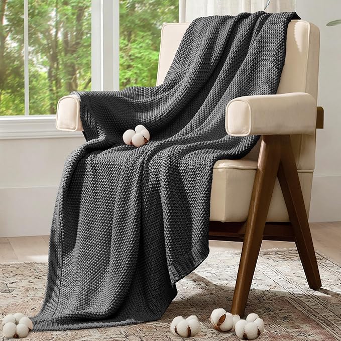 100% Cotton Cable Knit Throw Blanket, Large Lightweight Soft Knit Blanket for Sofa Couch Bed, Breathable All-Season Throw, Cozy Decorative Blanket, 60 x 80 Inch,Grey