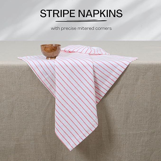 Red Stripe Dinner Napkins (Set of 12), Large 18 x 18 Inches, 100% Cotton, Soft, Absorbent & Durable Classic Striped Table Napkin for Everyday Use, Parties, Wedding Receptions, Lunch