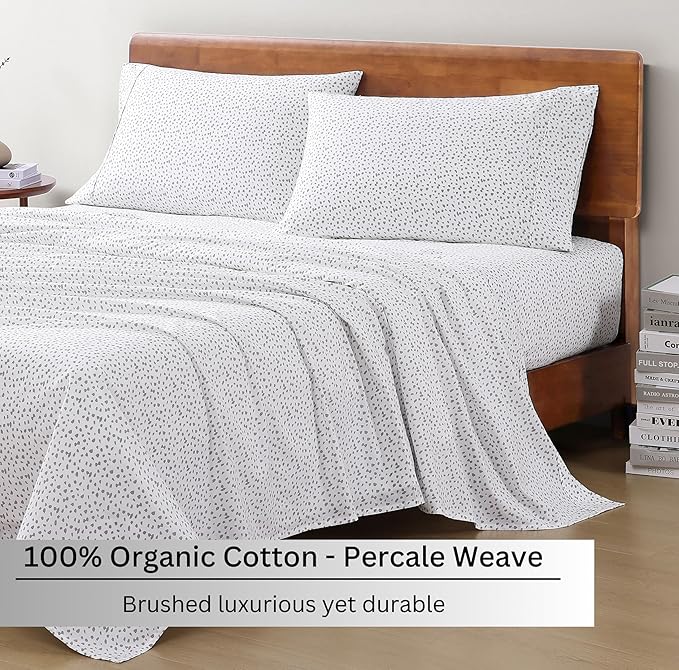 100% Organic Cotton White (Grey Dot) Full-Sheets Set, 4-Piece Long Staple Percale Weave Ultra Soft Best Bedding Sheets for Bed, Breathable, GOTS Certified, Fits Mattress Upto 15inch Deep