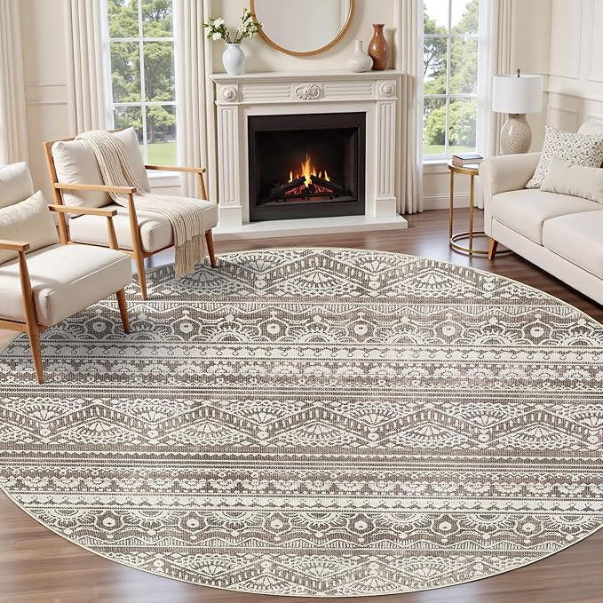 Tortania 10' Round Area Rug Living Room Rugs - Washable Large Soft Neutral Boho Moroccan Bohemian Farmhouse Rug Indoor Floor Carpet for Bedroom Under Dining Table Home Office Decor - Dark Brown