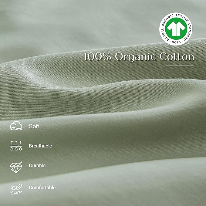 Simple&Opulence 100% Organic Cotton Sheet Set, Long Ruffle Bed Sheets (1 Flat Sheet, 1 Fitted Sheet and 2 Pillowcases) Elegant Shabby Chic Bedding Farmhouse Charming Vintage - Sage Green, Queen