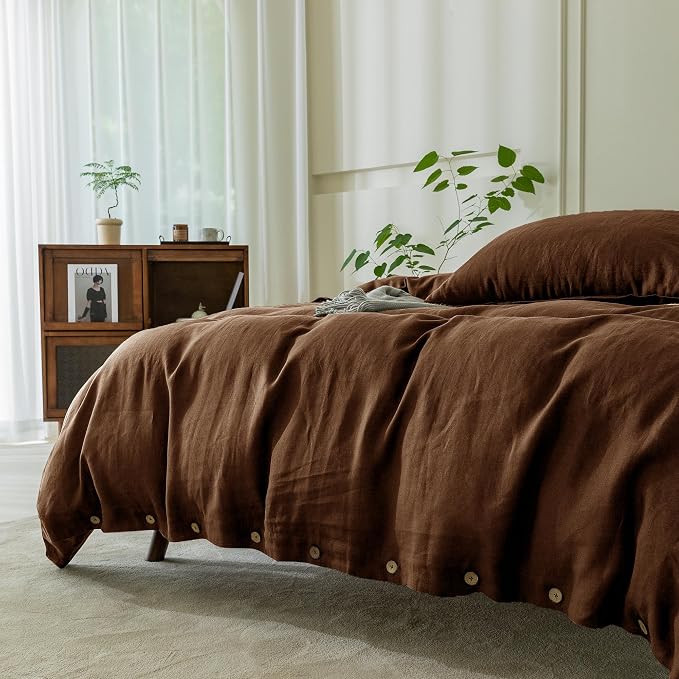 EVERLY 100% Pure Linen Duvet Cover Set California King Size 104X98Inch 3pcs(1 Duvet Cover,2 Pillowcases) Soft and Breathable All Season with Coconut Button Closure Suitable for Hot Sleepers-Chocolate