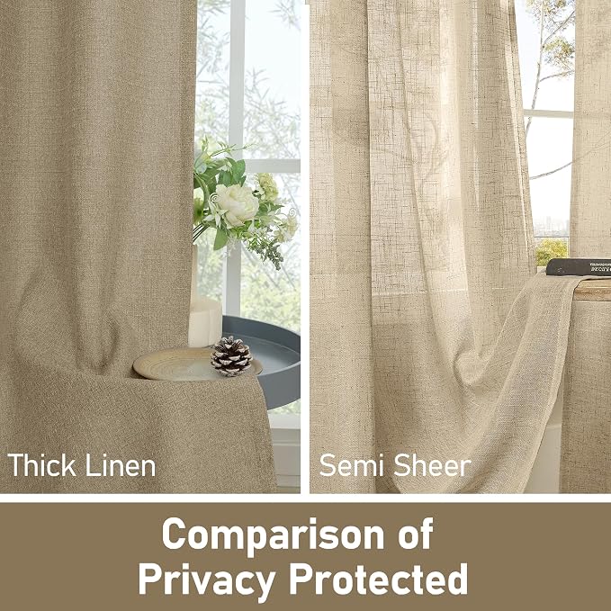 LAMIT Linen Textured Curtains for Living Room, 95 inches Long Grommet Thermal Insulated Thick Burlap Curtains Light Filtering Panels for Bedroom/Farmhouse, Set of 2 Panels, W52 x L95, Tan Brown
