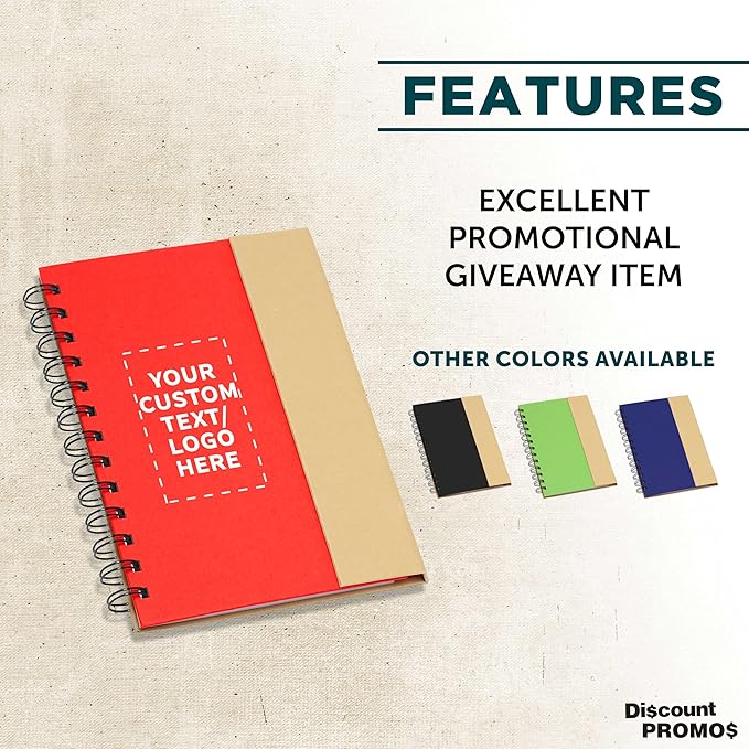DISCOUNT PROMOS Custom Eco Friendly Spiral Notebooks with Pens Set of 10/50/100, Personalized Bulk Pack - Perfect for School, Office, Home - Red