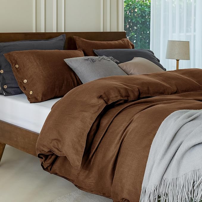 EVERLY 100% Pure Linen Duvet Cover Set King Size 104X90Inch 3pcs (1 Duvet Cover,2 Pillowcases) Soft and Breathable for All Season with Coconut Button Closure, Suitable for Hot Sleepers-Chocolate