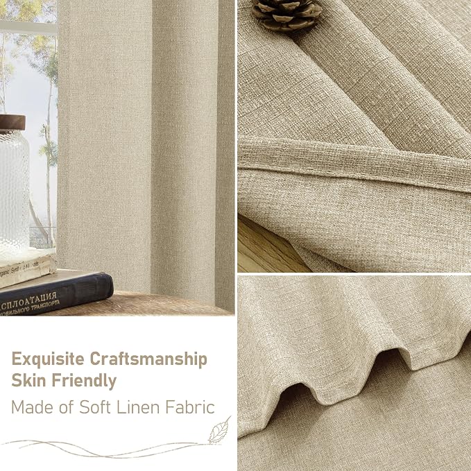 LAMIT Camel Linen Curtains 48 inches Long for Kitchen, Grommet Thick Linen Textured Light Filtering Drapes Privacy Thick Window Treatments for Small Windows/Basement/Farmhouse, 2 Panels, 42 x 48 Inch