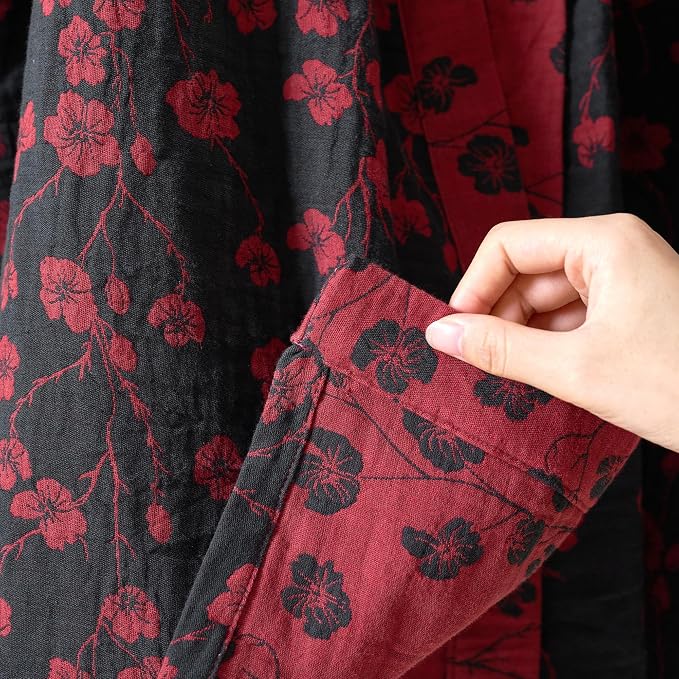 100% Cotton Gauze Ginkgo Leaf Kimono Robe, Long Knit Loose Bathrobe Nightgown Ladies Loungewear Sleepwear for Women