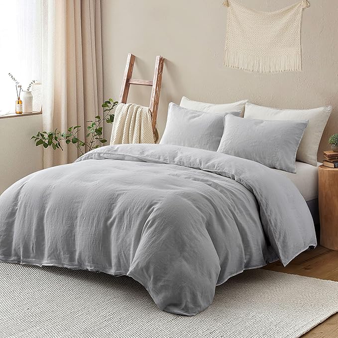 ATLINIA 100% Flax Linen Duvet Cover Set - Stone Washed Pure French Linen Organic Fabric for Farmhouse Comforter Boho Bedding Included 1 Duvet Cover 2 Pillow Shams(Light Grey, California King)