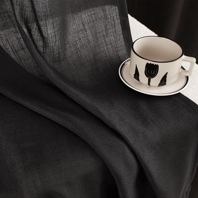 Black Linen Curtains 90 Inches Long for Bedroom Back Tab Light Filtering Privacy Semi Sheer Curtains Living Room Boho Rustic Farmhouse Cotton Textured Gauze Curtain 2 Panel Set 52x90