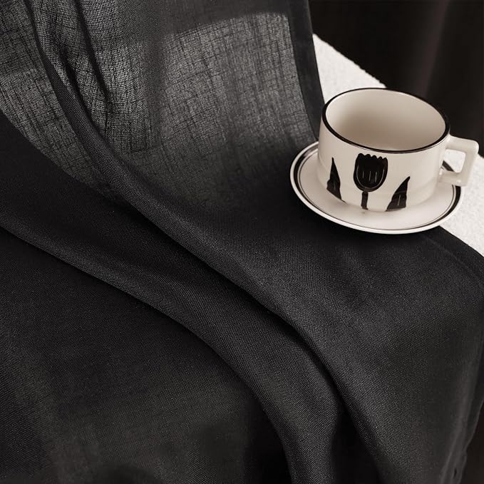 Black Linen Curtains 108 inches Long for Bedroom Back Tab Light Filtering Privacy Semi Sheer Black Curtains Living Room Boho Rustic Farmhouse Cotton Textured Gauze Curtain 2 Panel Set