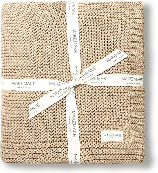 MakeMake Organics Organic Cotton Throw Blanket GOTS Certified Organic Knit Blanket Couch Bed Neutral Fall Colors Soft Cotton Throw Blanket Large (50x60, Sand)