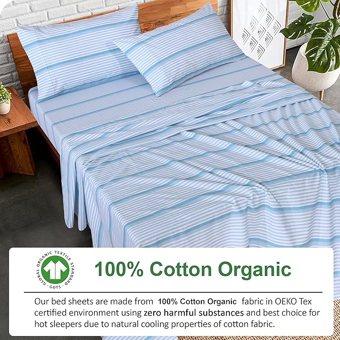 RUVANTI 100% Cotton Organic Percale Sheets Full Size – Crisp Cooling Bed Sheets for Hot Sleepers, Deep Pocket 15”, Soft Peach Finish, Breathable & Durable Hotel-Style 4 Pcs, Nautical Stripes