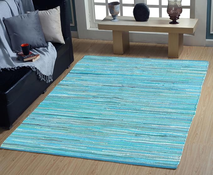 Handmade Cotton Chindi Rug Area Rag Washable Recycled Rugs for Home Décor, Living Room and Bedroom (Teal, 4X6 Feet)